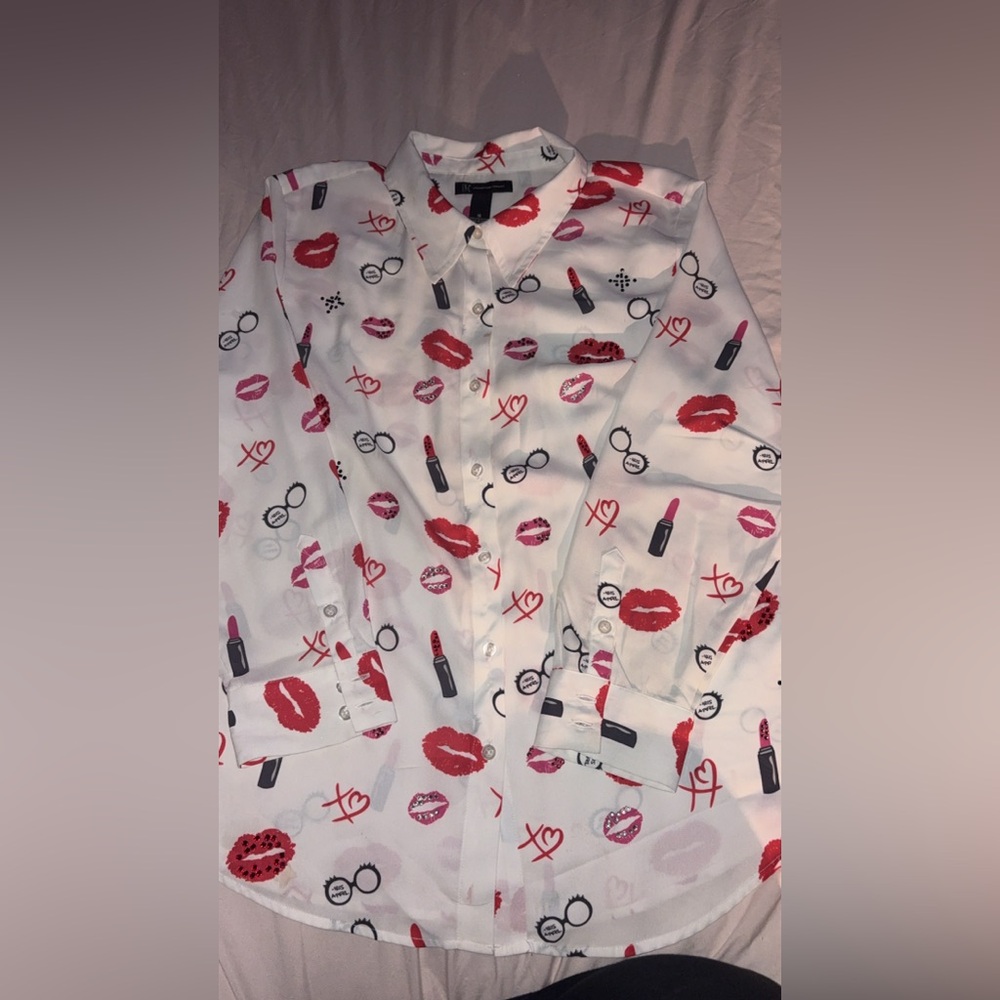 INC International Concepts White Blouse with Red Lip Print